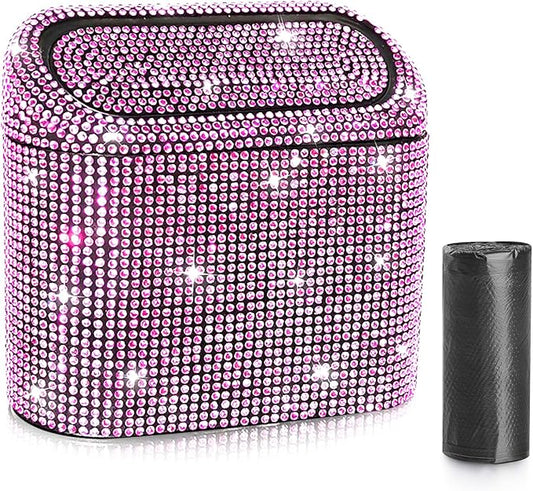 Accmor Bling Car Trash Can with Lid, Vehicle Trash Bin Car Dustbin Garbage Organizer Storage, Sparkling Crystal Mini Auto Trash Bags Holder Container with 30pcs Garbage Bags for Cars, SUV, Truck