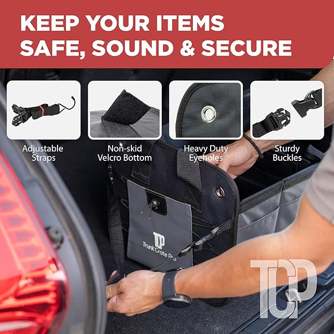 TRUNKCRATEPRO Trunk Organizer For Car, Suv, Truck | Premium Adjustable Multi Compartments Collapsible Car Trunk Organizer With Securing Straps & Non-Slip Bottom (Large Size, Grey)