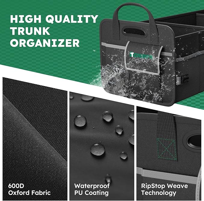 Heavy-Duty Trunk Organizer & Multi-Compartment Storage Box for SUV/Sedan/Minivan,600D Waterproof Oxford,2 Securing Hooks & Reflective Strips-Large Capacity Organiser(92L)