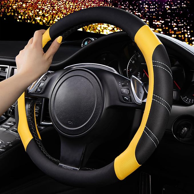 CAR PASS Line Rider Microfiber Leather Sporty Steering Wheel Cover Universal Fits for 95% Truck,SUV,Cars,14.5-15inch Anti-Slip Safety Comfortable Desgin (Black-Yellow)