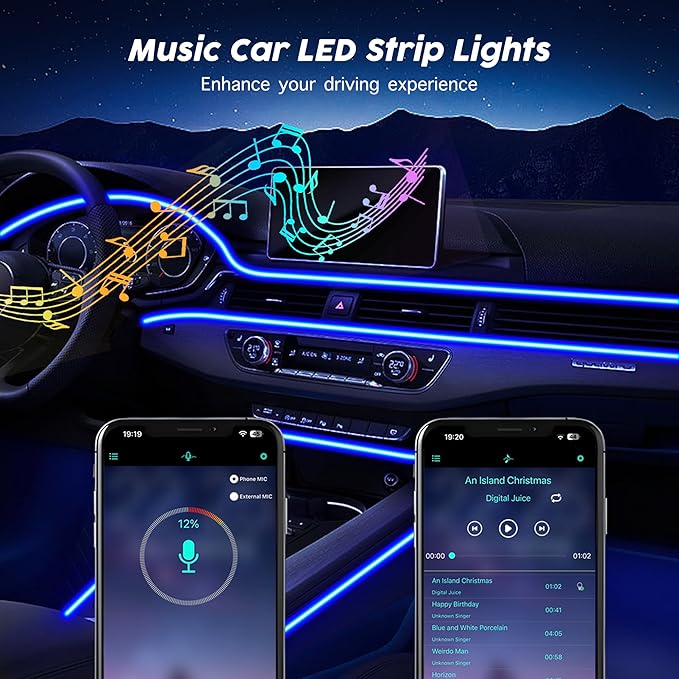 USB Car LED Lights, Interior Car Lights Strip with APP and RF Remote Control, 5 in 1 Ambient Lighting with 276 inches Fiber Optic Music Sync Simple Installation EL Wire Lights (5 in 1/276 inches)