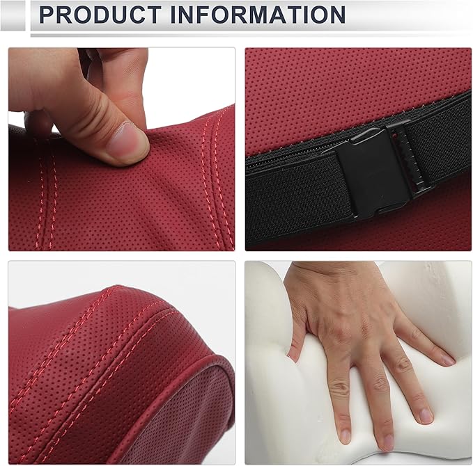 Car Headrest Pillow Ergonomic Comfortable Neck Support Pillow Nappa Leather and Memory Foam Adjustable Width Red 1 Pcs for Driving Travel