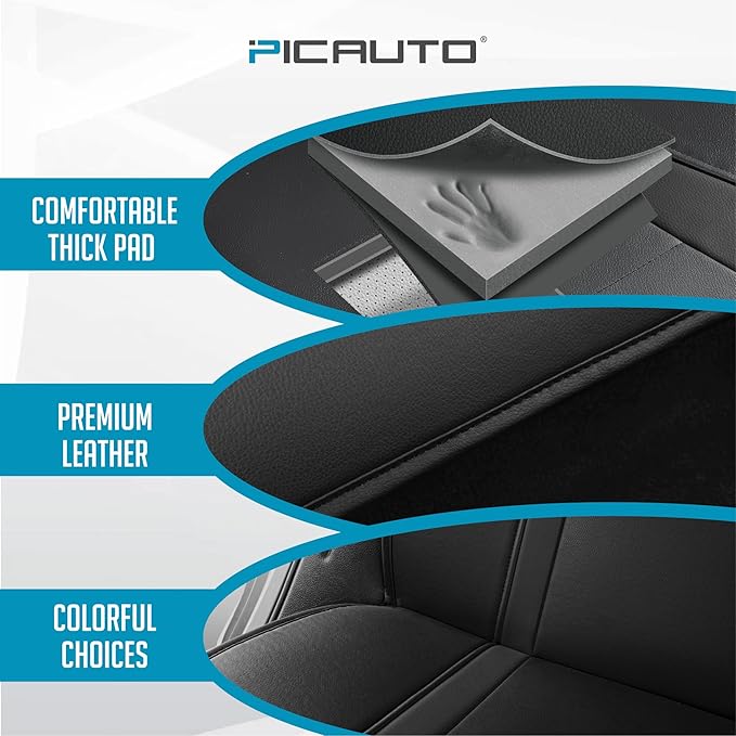 PIC AUTO Leather Car Seat Covers, Premium Automotive Waterproof Front & Rear Full Set Bucket Car Seat Protectors, Black and Black PVC Patchwork, Fits for Cars, Trucks, Van, SUV, Airbag Compatible