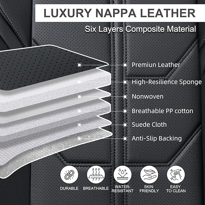 Black Car Seat Covers Full Set, Universal Front and Rear Seat Covers for Cars, Waterproof Leather Auto Seat Protectors with Head Pillow, Car Seat Cushions Fit for Most Sedans SUV Pick-up Truck