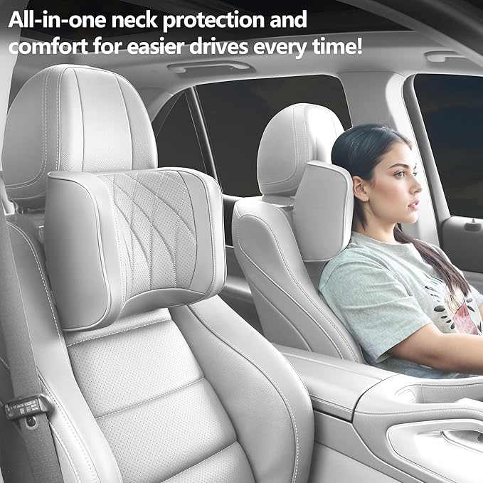 Car Headrest Pillow U-Shaped, Memory Foam Head Neck Support Cushion for Driving, Leather Head Rest Travel Pillows for Sleeping, Breathable Removable Cover, Gray, 2 Pack