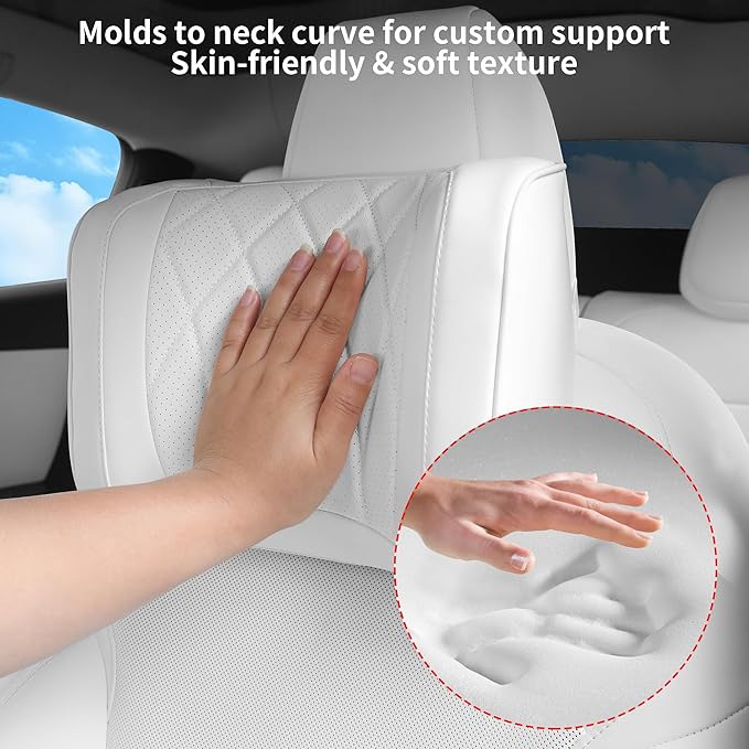 Car Headrest Pillow U-Shaped, Memory Foam Head Neck Support Cushion for Driving, Leather Head Rest Travel Pillows for Sleeping, Breathable Removable Cover, White, 1 Pack