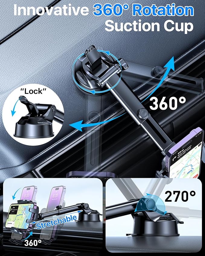 YRU Upgraded Universal Car Phone Holder Mount【360°Rotatable & Strong Suction】 Cell Phone Car Dashboard Windshield Phone Holder Dash Vent Stand for iPhone 17 16 Pro Max Samsung Truck, Graphite Black