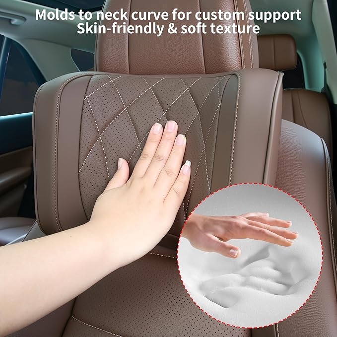 Car Headrest Pillow U-Shaped, Memory Foam Head Neck Support Cushion for Driving, Leather Head Rest Travel Pillows for Sleeping, Breathable Removable Cover, Brown, 2 Pack