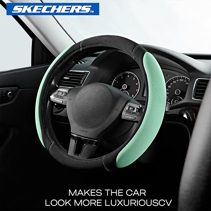 Skechers Memory Foam Steering Wheel Cover, Car Steering Wheel Cover,14.5-15inch Anti-Slip Safety Comfortable Desgin, Universal Accessory for Diverse Cars, Truck,SUV (Black & Green)