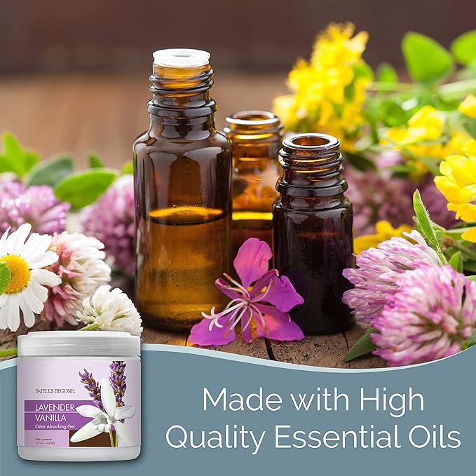 SMELLS BEGONE 15oz Gel Odor Eliminator - Absorb & Remove Tough Odors in Pet Areas, Bathrooms, Basements, Garage, Cars, RVs & Boats - Eliminate Odors Quickly (1-Pack, Lavender Vanilla)