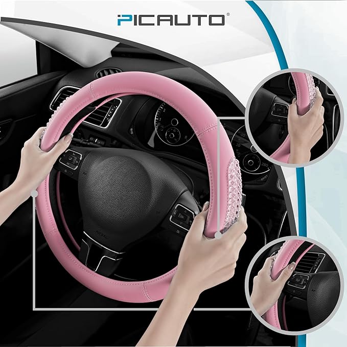 PIC AUTO Steering Wheel Cover, Glitter Gel Particles & Pink Luxury Leather Car Steering Cover, Universal Fit 14.5"-15.5" Anti-Slip Car Wheels Cover for Girls & Women