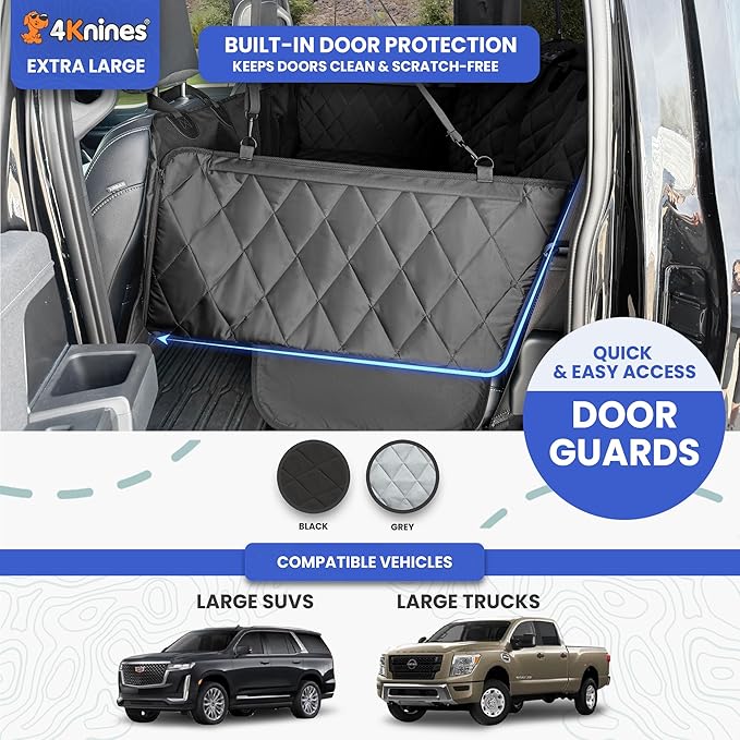 4Knines Hard Bottom Back Seat Extender for Dogs – Waterproof Dog Car Seat Cover – Heavy Duty Backseat Protector for Cars, SUVs, Trucks – Built-in EZ Open Door Protector (Patent Pending) Black, XLarge