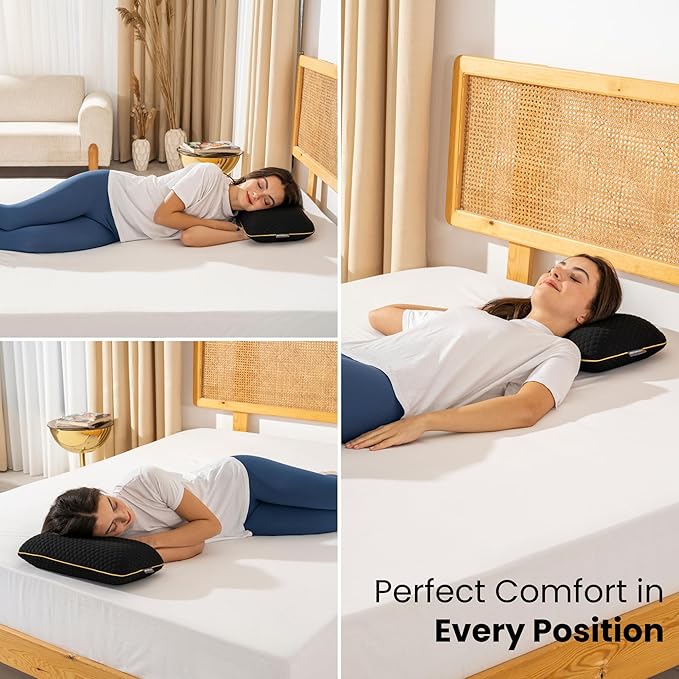 Memory Foam Travel Pillow with Washable Cover & Carry Bag – Compact, Soft & Breathable Neck Pillow for Airplane, Camping & Car (Black- with Extra Gray Cotton Cover, 15.7x9.8x3.9 inches)