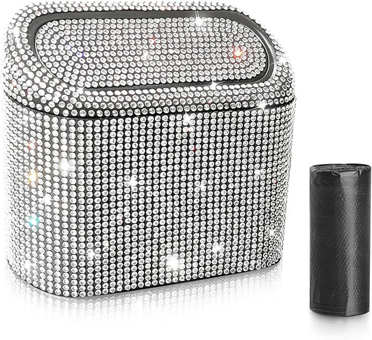 Accmor Bling Car Trash Can with 30pcs Garbage Bags, Vehicle Trash Bin with Lid Auto Dustbin Organizer Garbage Storage, Sparkling Crystal Mini Trash Container Holder