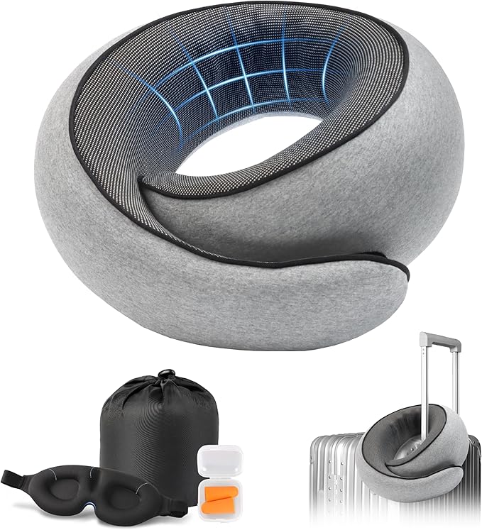 Advanced Memory Foam Neck Travel Pillow, Neck Pillow Airplane with Eye Mask & Ear Plugs, Designed for The Comfort of Travel & Office, Travel Pillow for Plane, Car, Home, Work， Grey