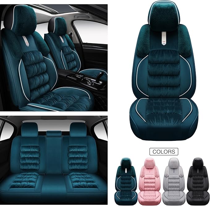 AOOG Fuzzy Car Seat Covers, Heated Bench Back Cushion Protector for Cars SUV Trucks(Full Set,Green)