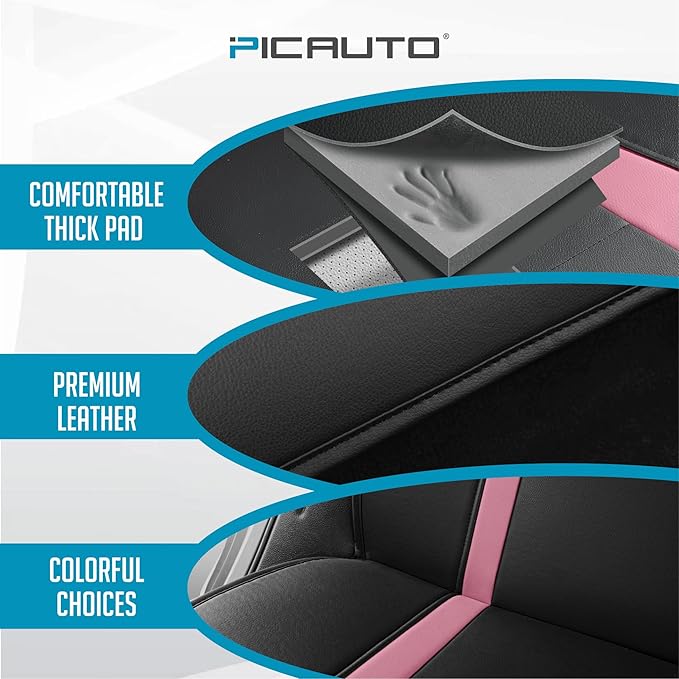 PIC AUTO Leather Car Seat Covers, Premium Automotive Waterproof Front & Rear Full Set Bucket Car Seat Protectors, Black and Pink PVC Patchwork, Fits for Cars, Trucks, Van, SUV, Airbag Compatible