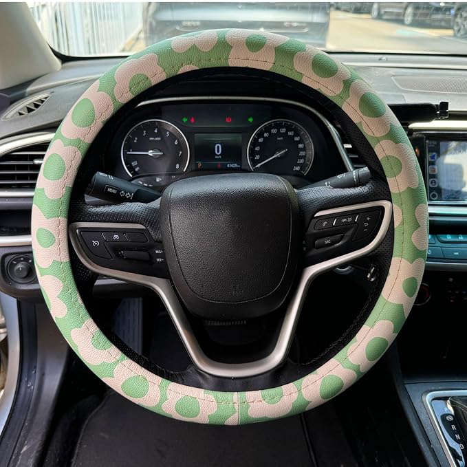 Vintage Groovy Flowers Car Leather Steering Wheel Cover - 15-inch Universal Microfiber- Soft & Breathable & Silicone Anti Slip Auto Steering Wheel Wrap for Women (Sage Green)
