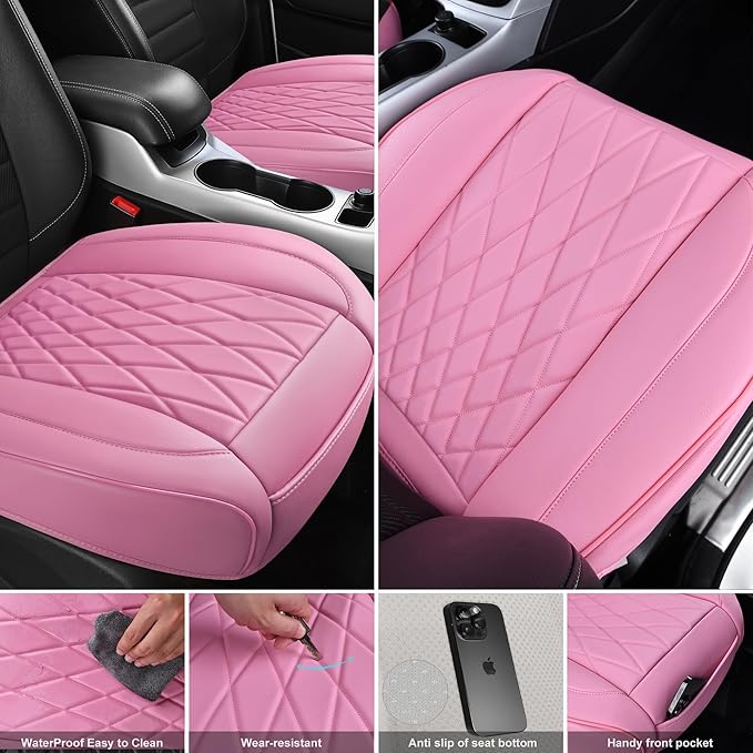 CAR PASS 2 Pack Leather Front Car Seat Covers, Bottom Seat Covers Full Wrapped with Storage Pocket, Anti-Slip Leather Seat Protectors,Waterproof Seat Cushion Pad Universal Fit Sedan SUV Truck, Pink