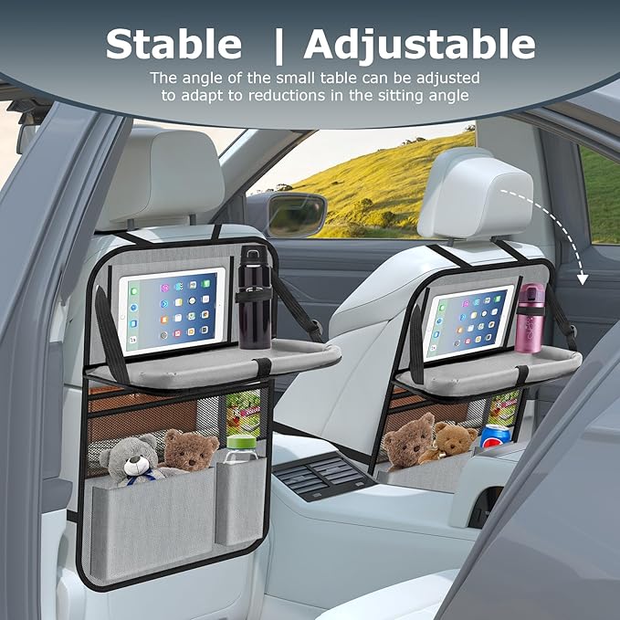 Car Backseat Organizer with table Tray, 9 Storage Pockets Backseat Car Organizer with Tablet Holder, Back seat Organizer for Kids Road Trip Essentials Travel (1Pack)
