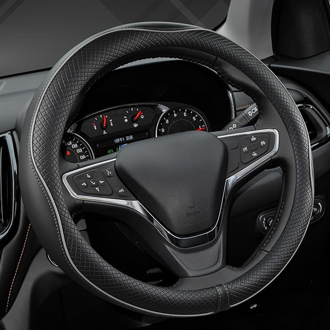 West Llama Microfiber Leather Car Steering Wheel Cover for Chevy Silverado,Tahoe,Equinox,Traverse,Trailblazer,Colorado (Black+Gray Line - Standard Size)