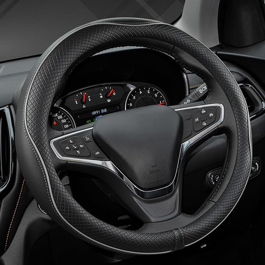 West Llama Microfiber Leather Car Steering Wheel Cover for Chevy Silverado,Tahoe,Equinox,Traverse,Trailblazer,Colorado (Black+Gray Line - Standard Size)