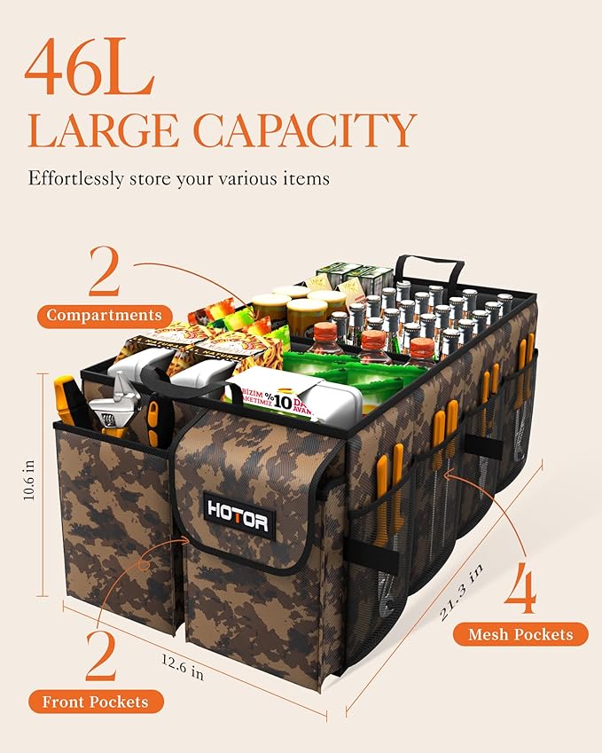 HOTOR Trunk Organizer - Car Organizer, Foldable Trunk organizer for SUVs & Sedans, Sturdy Car Organization for Car Accessories, Tools, Sundries, Brown Camouflage, 2 Compartments, 21.3"×12.6"×10.6"
