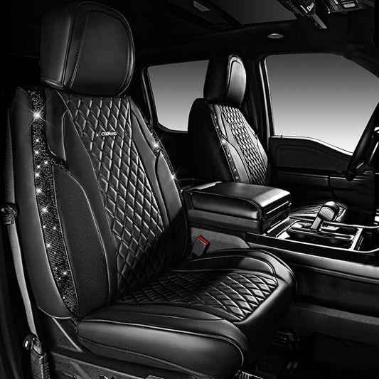 CAR PASS Black Diamond NAPPA Leather Cushioned 1 Pair Bling Seat Covers Front only,Waterproof Heavy-duty Anti-slip,Universal Fit for 95%Auto SUV Sedan Truck, Glitter Sparkle Shining (Black Rhinestone)