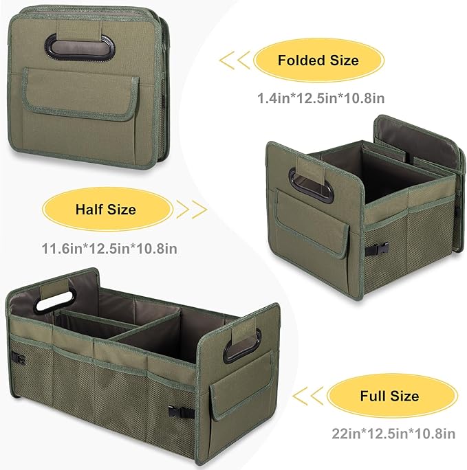 JiatuA Car Trunk Organizer, Car Organizers and Storage Collapsible Multi Compartment Container Box, Adjustable Car Accessories for SUV Sedan Truck, Standard Size, Green
