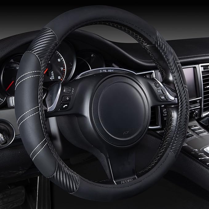 CAR PASS Line Rider Microfiber Leather Sporty 14.5-15 inch Steering Wheel Cover Universal Fits for 95% Truck,SUV,Cars, Anti-Slip Safety Comfortable Design (Black Carbon Fiber)