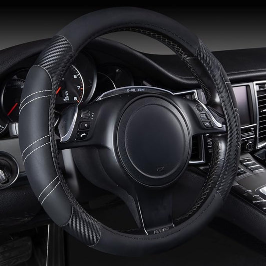 CAR PASS Line Rider Microfiber Leather Sporty 14.5-15 inch Steering Wheel Cover Universal Fits for 95% Truck,SUV,Cars, Anti-Slip Safety Comfortable Design (Black Carbon Fiber)