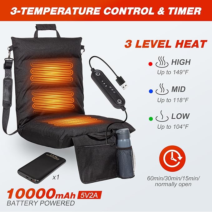 Heated Stadium Seats for Bleachers with Back Support, Foldable Stadium Chair, Portable Bleacher Seat, USB Rechargeable Warm Cushion,Outdoor Camping Games Sports, 3 Heat Levels & Timer, Waterproof