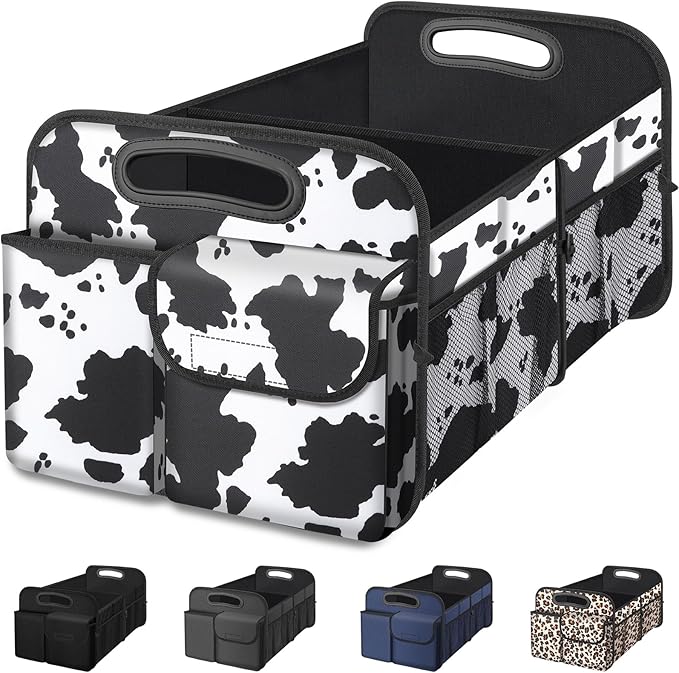 Femuar Car Trunk Organizer, Cow Print, Vintage Style, 52L Capacity, 4 Compartments, Waterproof, Non-Slip, Collapsible, 22.5"D x 18"W x 10.8"H