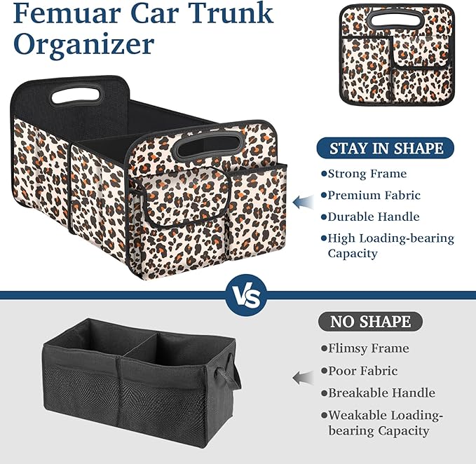 Femuar Car Trunk Organizer, Trunk Storage Organizer with Large Capacity Waterproof Collapsible Trunk Organizer for Car Suv/Jeep/Sedan (Leopard Print, Standard)
