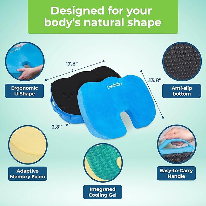 LuminaRest® Gel Seat Cushion for Long Sitting – Premium CertiPUR-US® Certified Memory Foam, Ergonomic Office Chair Cushion for Tailbone and Coccyx Pain Relief, Sciatica & Back Support – (Blue)