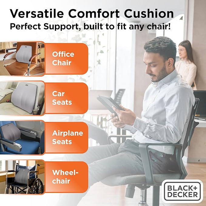 BLACK+DECKER Memory Foam Lumbar Support Pillow, Lumbar Cushion for Office, Car, Wheelchair & Airplane – Adjustable Strap, Full Back Pain Relief, Washable Cover, Grey/Blue