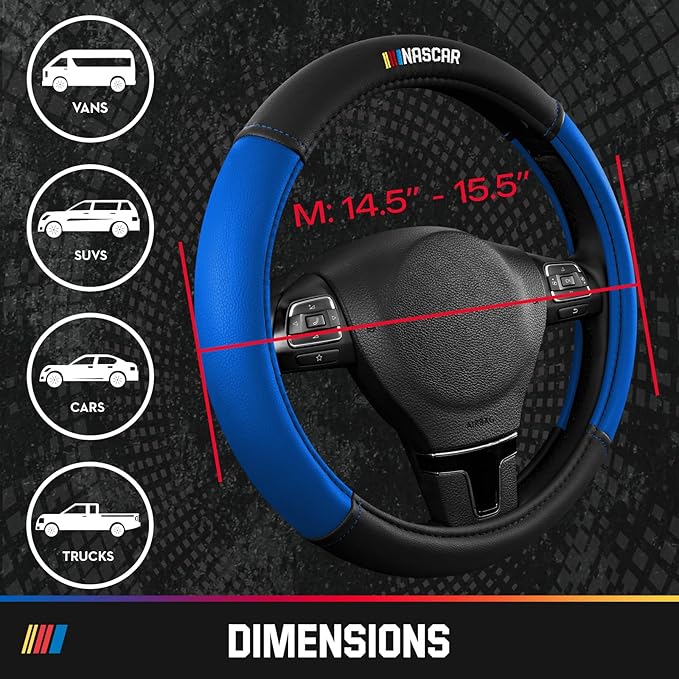 NASCAR Steering Wheel Cover, Two-Tone Blue Leather Patchwork, Universal Fit 14.5"-15.5" Steering Covers for Cars, Anti-Slip, Soft Grip, Odor-Free, Trucks & SUVs, Racing Style Interior Upgrade