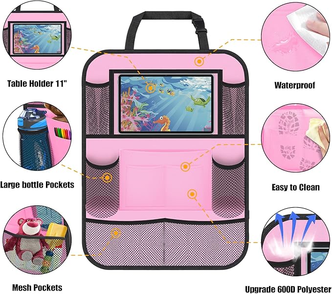 Car Backseat Organizer with 11" Table Holder, 10 Storage Pockets Seat Back Protectors Kick Mats for Kids Toddlers, Travel Accessories, 2 Pack, Pink