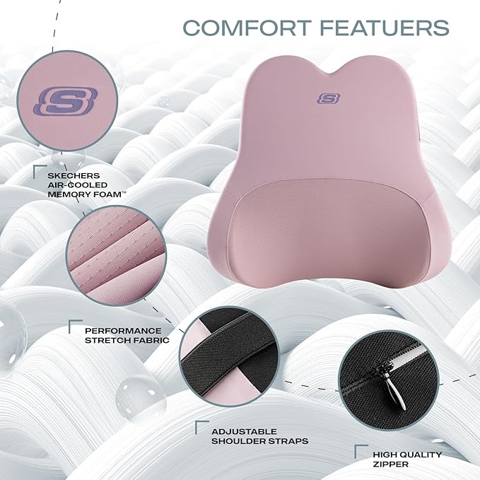 Skechers Air-Cooled & Memory Foam Lumbar Pillow,Lumbar Support Pillow for Office,Chair Lower Back Pain Relief Lumbar Pillow,Ergonomic Design Back Support Pillow for Office Chair,Car,Home,Travel,Pink