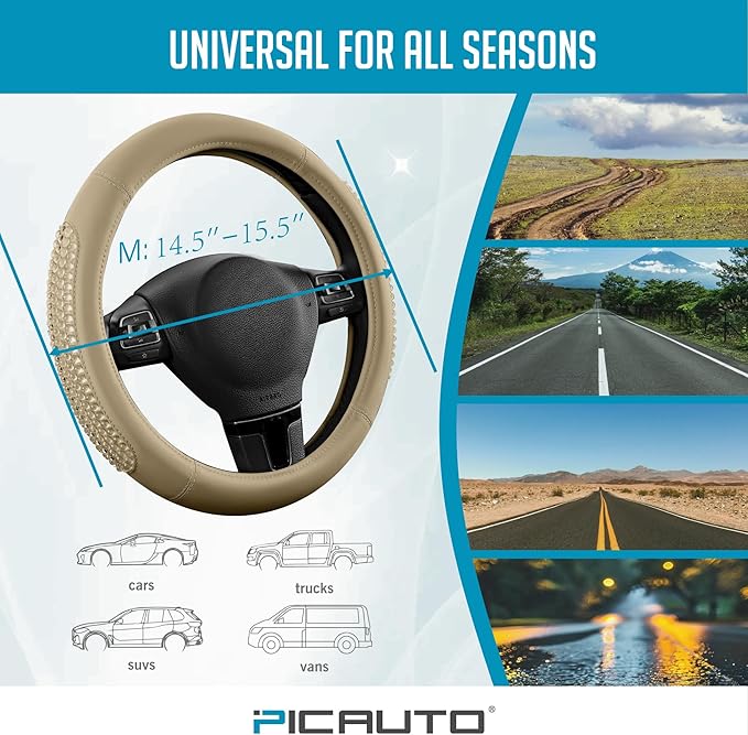 PIC AUTO Steering Wheel Cover, Glitter Gel Particles & Beige Luxury Leather Car Steering Cover, Universal Fit 14.5"-15.5" Anti-Slip Car Wheels Cover for Girls & Women