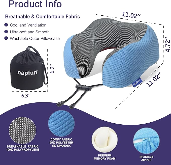 napfun Neck Pillow for Traveling, Upgraded Travel Pillow for Airplane 100% Pure Memory Foam Flight Pillow for Headrest Sleep, Travel Essentials, Luxury Sets (Optional), Striped Sky Blue Set