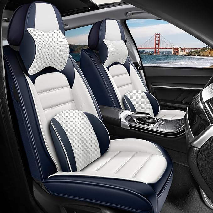 2 Seat Covers Fit for Acura ILX 2013-2022, Waterproof Premium Leather Automotive Accessories Seat Protectors Seat Cushions Wear-Resistant Car Seat Covers（Blue&White,Front Deluxe）