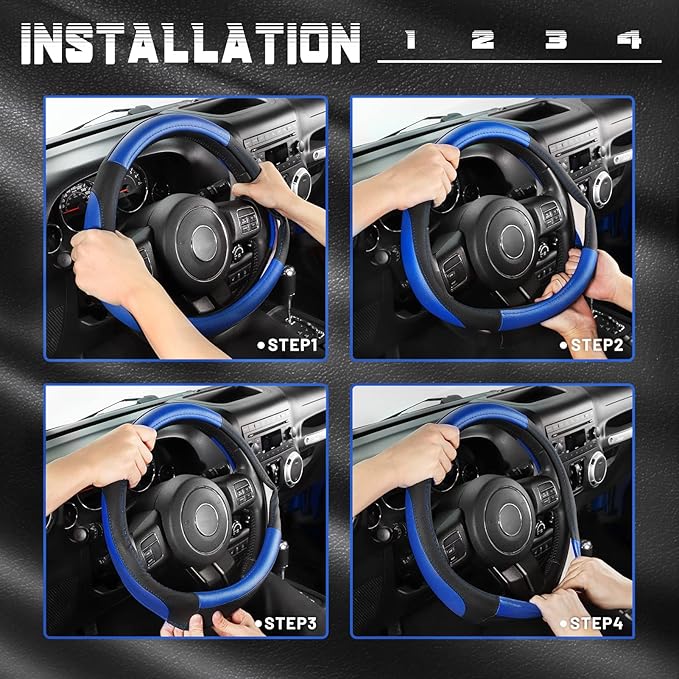 SEG Direct Car Steering Wheel Cover for F-150 Tundra Range Rover 15.5-16 inch, Black and Blue Microfiber Leather