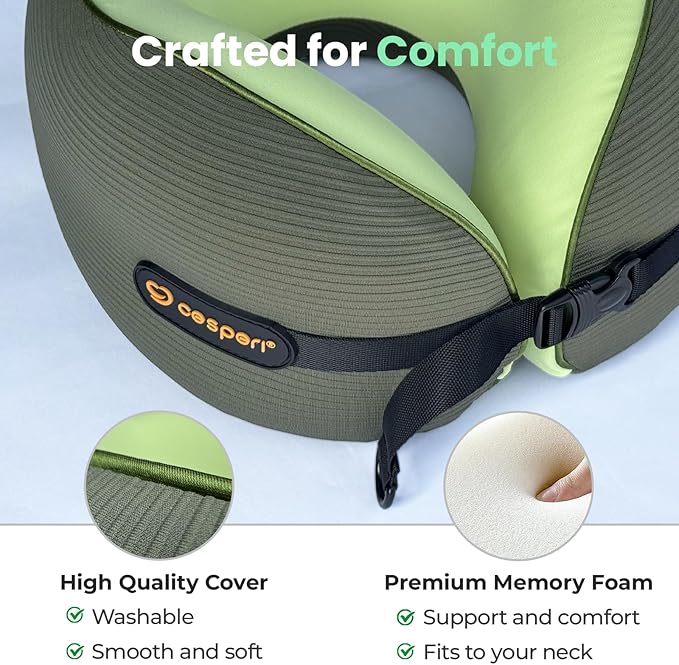 Cesperi® Travel Neck Pillow for Airplanes, Ergonomic Design for Petite Neck, Airplane Neck Pillow with Memory Foam, Travel Essentials for Flights, Car Rides, and Home Rest, Small (Avocado Green)