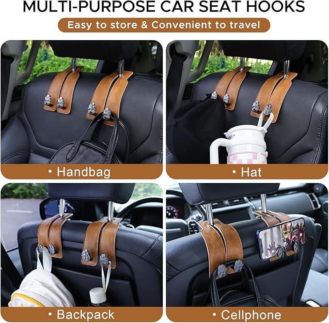 2PCS Leather Car Seat Hooks for Headrest, Vehicle Hanger Storage Organizer Universal for Handbag Purse, Car Accessories Gift (Brown-Black)