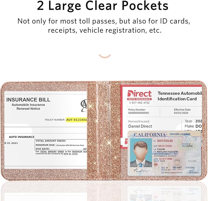 CoBak Car Registration and Insurance Holder - Small and Lightweight Vehicle Glove Box Car Organizer, Auto Truck Comparment Accessories Case for Essential Document, Driver License (Glitter Rosegold)