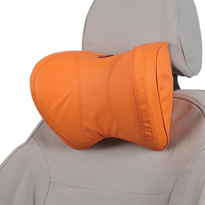 Car Headrest Pillow Ergonomic Comfortable Neck Support Pillow Nappa Leather and Memory Foam Adjustable Width Orange 1 Pcs for Driving Travel