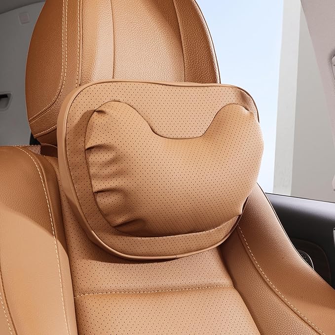 Car Neck Pillow [No More Pressure] Soft Comfortable Premium Leather Headrest with Adjustable Strap – Ergonomic Support for Driving, Office & Gaming, Palomino Brown, 1 Pack