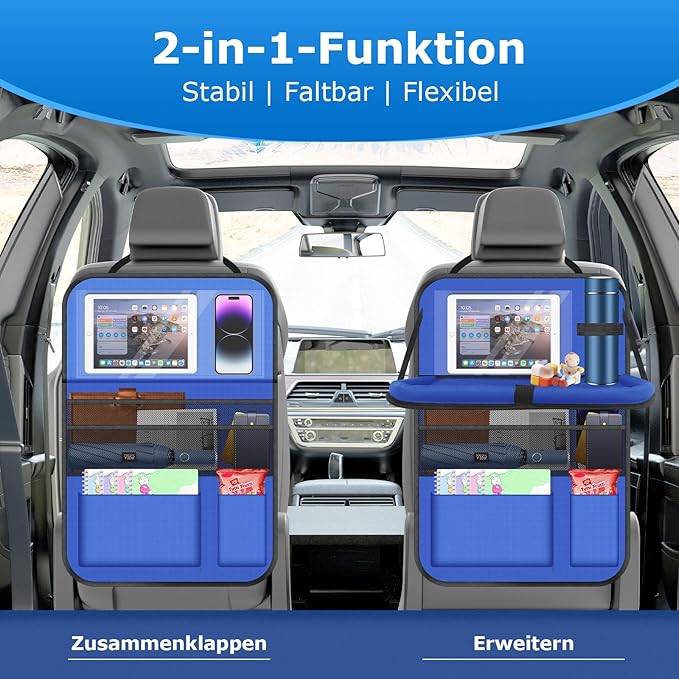 Car Seat Organizer with Table Tray, 2Pack Backseat Car Organizer with 9 Storage Pockets for Bottle Snack Books on Travel Road Trip Essentials for Kid Adult(Blue)