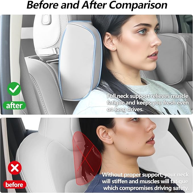 Car Headrest Pillow U-Shaped, Memory Foam Head Neck Support Cushion for Driving, Leather Head Rest Travel Pillows for Sleeping, Breathable Removable Cover, Gray, 1 Pack